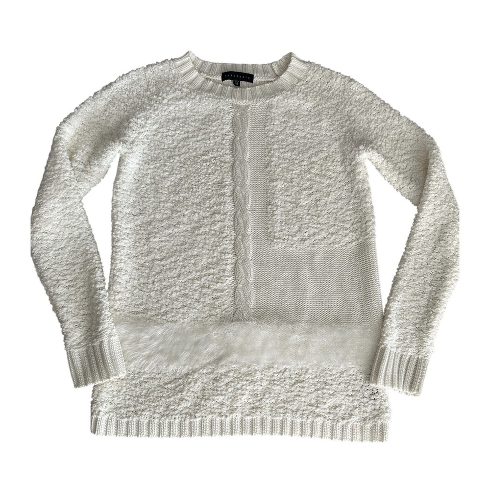 Sanctuary Snuggle Cable-Knit Sweater Winter White Sz XS Fuzzy Mixed Yarn Pattern